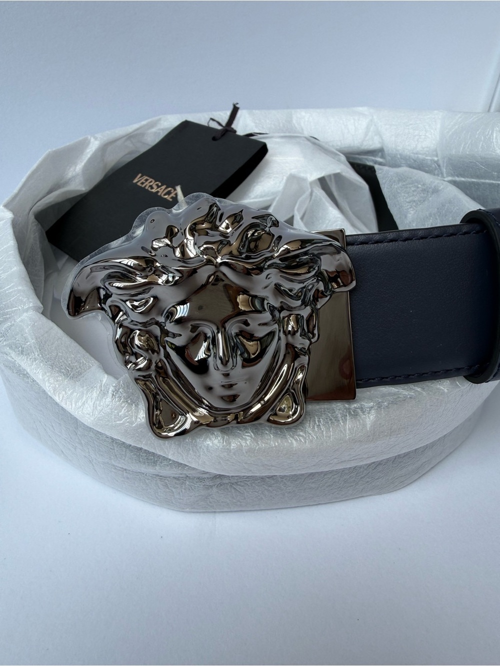 NWT Versace Black/Blue Leather Belt with Silver Medusa Head Buckle- 95/38 - Picture 2 of 10